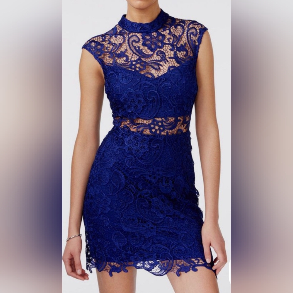 B. Darlin Mock - Neck Illusion - Lace Bodycon Dress - Royal Blue